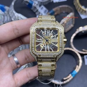 skeleton see-through dial watch Gold stainless steel case watches quartz movement Men's New Ice diamonds watch