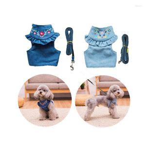 Hundhalsar CN Pet Harness Vest broderad denim valp koppel promenadtraktion rep för små hundar katter utomhus tillbehör