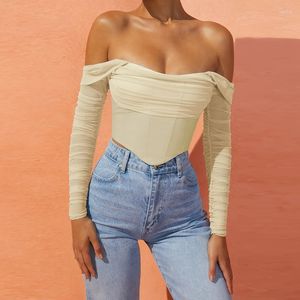 Women's Tanks Corset Blouse Mesh Fishbone Perspective One Word Neck Cropped Top Women Shirt Zipper Sexy Short Vest Leaky Shoulder Clothes