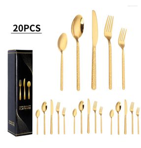 Dinnerware Sets Stone Style Handle Calheres Aço inoxidável Conjunto dourado de metal 20pcs para 4person Sevice com caixa de presente Kichen Knife Fork