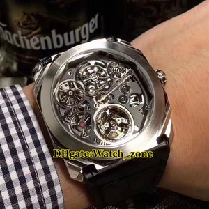 Octo Tourbillon Skeleton Black Dial 102719自動メンズウォッチシルバーケースレザーストラップ安い新しい高品質の腕時計2423