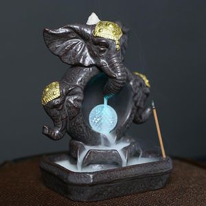 Fragrance Lamps LED Ceramic Golden Elephant God Backflow Incense Burner Holder Furnace Home Decor Censer Arts Crafts Decoration