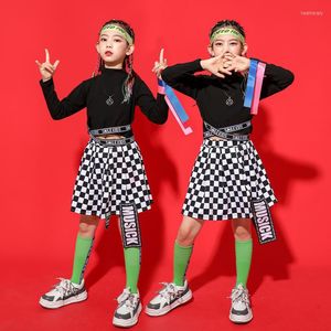 Stage Wear Kid Kpop Hip Hop Clothing Mock Neck Cross Crop Top Long Sleeve T Shirt Streetwear Checkered Skirt For Girl Dance Costume Clothes