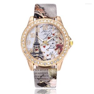 Zegarwatches kobiety duże zegarki moda luksus kryształ paris eiffel wieżowy skórzany zespół kwarcowy