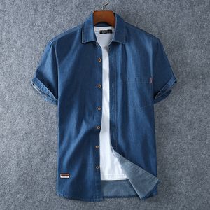 Men's Casual Shirts Men's Blue Denim Shirts Short Sleeve Jean Shirts Summer High Quality Men Cotton Light Blue Denim Shirts Plus size L-8XL 230306