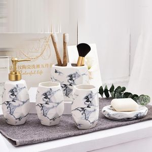 Bath Accessory Set Nordic Ceramic Marble Texture Hand Sanitizer Bottle Soap Dish Toothbrush Cup Home El Accessories Five-piece Bathroom