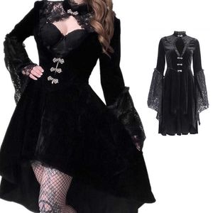 Casual Dresses Stylish Black Frock spets sömnad klänning gotisk lolita klänning ihålig veckad klänning mörk streetwear oregelbundna rock z0216