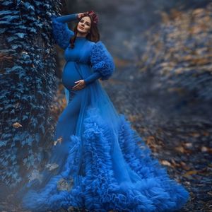 2 datorer Blue Maternity Sleepwear Dress for Women Ruffles Tiere Kimono Photography Mermaid Tulle Baby Shower