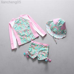 One-Pieces Pink Floral Sun Hat 3-Piece Girl Swimwear Children 2020 Toddler Baby Swimsuit Kids 2-Piece Swimming Long Sleeves Swim Wear Suit W0310