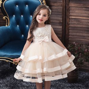 Mädchenkleider Kinder Elegantes Perlenkuchen-Prinzessinnenkleid Mädchenkleider für Hochzeit Abendparty Stickerei Blumenmädchenkleid Mädchenkleidung 230303