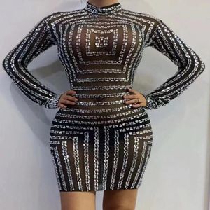 Casual Dresses Black Mesh Transparent Big Crystal Bodycon Mini Dress Long Sleeve Sexy Nightclub Party Performance Costume Stage Wear