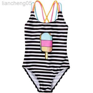 One-Pieces 2021 Bandage Halter Swimsuit Children Baby Girl One-Piece Striped Ice Quick-Drying Stretch Swimsuit Vacation Hot Beach W0310