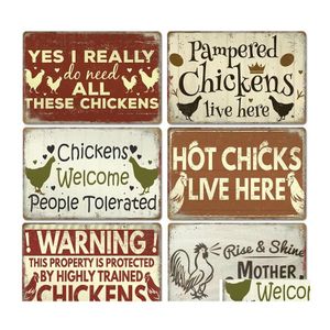 Metal Painting 2023 Funny Chickens Targhe in metallo Vintage Poster Gallo Galline Uova Retro Targa Adesivi murali per porte esterne della fattoria Casa Dh7Uz