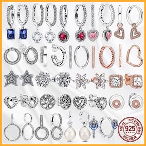 925 Silver Fit Pandora Earrings Crystal Fashion women Jewelry Gift Ear Studs Asymmetrical Heart Hoop