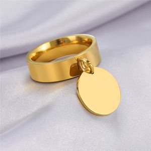 Stainless Steel Gold Color Minimalist Ring with Big Round Pendant Finger Rings Fashion Anniversary Gifts for Women