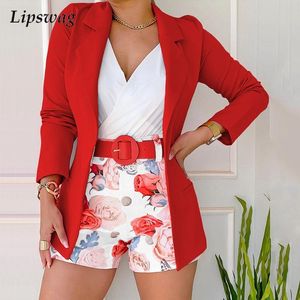 Zweiteilige Hose für Damen, eleganter Musterdruck, Pendelanzug, modisch, V-Ausschnitt, kurze Overalls, Blazer, Mantel, Set für Damen, Frühling, lässiges Party-Outfit 230303