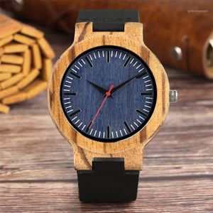 Bilek saatleri minimalist mavi kadran kırmızı saniye zebrawood erkekler saat kuvars gerçek deri bilek saatleri doğal şık erkek ahşap saat