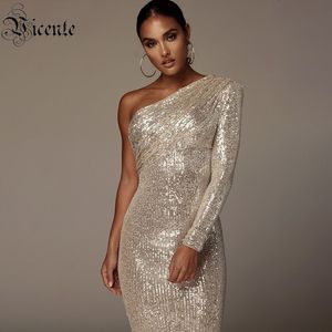 Casual Dresses VC Sexy One Shoulder Dress Women Sparkle Glitzy Sequins Dress Mesh Patchwork Celebrity Christmas Party Vestidos 230303