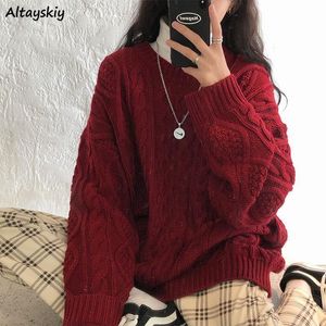 Kadın Sweaters Sonbahar Kış Kadın Kırmızı Tulunmalar Gevşek Vintage Twist Jumpers Uzun Kollu Örgü Üstler Kore Preppy Style O-Neck Sweaters 230306