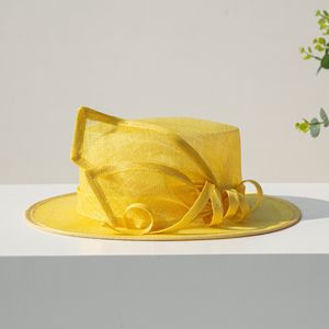 Stingy Brim Hats British Lady Deby Race Fedora Summer Church Elegant Sinamay Flower Linen Sun Cap Women Vaction Wide Brimmed Cloche Hats 230306