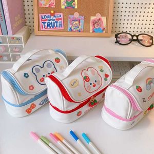 Bolsas de lápices Nueva bolsa de lápices Kawaii Estuches de bolígrafos 2 capas Bolsa de lápices de alta capacidad Gratis 1 UNID DIY Etiqueta Papelería escolar Regalo de niña J230306