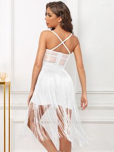 Casual Dresses Beaukey 2023 Est White Bodycon Mesh Bandage Dress Tassel Sexig Spaghetti Party Club Black See Through Holllow Vestido XL