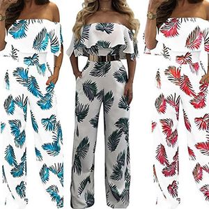 Women's Jumpsuits & Rompers Women Strapless Bodysuits Bohemian Beach Leaf Print Jumpsuit Off Shoulder Wide Long Pants Female