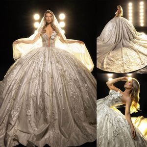 Exquisite Bride Gowns Court Wedding Dresses With 3D-Flower New Sexy Deep V-Neck Pearls Pleat Ball Gown Cathedral Train Robe De Vestido