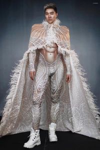 Stage Wear Luxury White Feather Long Cloak Pattern Party Jumpsuit Women Evening Celebration Performance Costumes Bodysuits