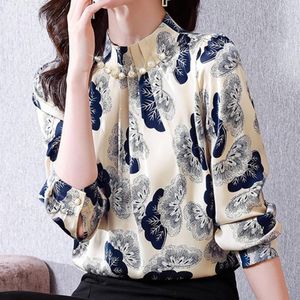 Women's Blouses 2023 Autumn Silky Satin Print Beaded Long-Sleeve Pullover Shirts Office Lady Work Blouse Vintage Formal Tops