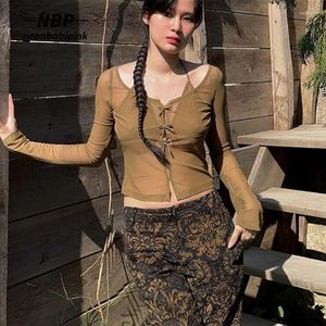 Женские рубашки T Неонбабипинка Фея Гранж Зеленая прозрачная сетка Alt Crop Top Top Tie