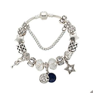 Księżyc i niebieskie niebo gwiazdy urok Bransoletka do Pandora 925 Srebrna platowana łańcuch ręki węża Ręka Ręka Projektantka biżuteria dla kobiet dziewczyny