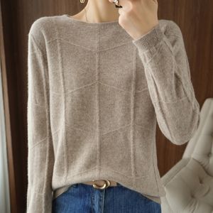 Kvinnors tröjor Autumn Winter Women's European Version Long-Sleeve Sticked Pullover Cashmere Wool Plaid Pattern Sweater Casual Slim Bottom 230306