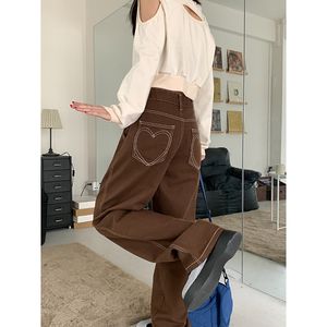 Women's Jeans Brown Women's Jeans High Waist Vintage Straight Baggy Denim Pants Streetwear Heart Pattern Design Fashion Wide Leg Denim Trouser 230303