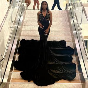 Seksi Afrikalı Kadın Balo Elbiseleri 2023 Derin V Boyun Aplike Siyah Kızlar Deniz Kızı Parti Elbise Velvet Cobes De Bal