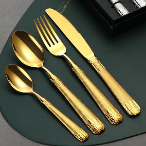 Besteck-Sets, 4-teilig, goldenes Geschirr, Edelstahl, flacher Weizenohren-Griff, Abendessen, Messer, Gabel, Besteck-Set, Service, Besteck, Küche