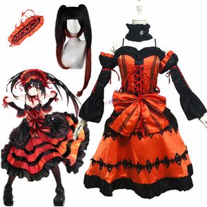 Anime-Kostüme Anime DATE A LIVE Tokisaki Kurumi Cosplay Come Wig Fancy Gothic Lolita Princess Dress Women Nightmare Halloween Party Outfit Z0301