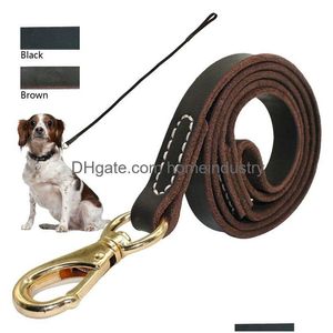 Dog Collars Leashes Heavy Duty Handmade Leather Leash Lead Dark Brown Black With Gold Hook For Walking Training All Breeds 4 Sizes Dhcru