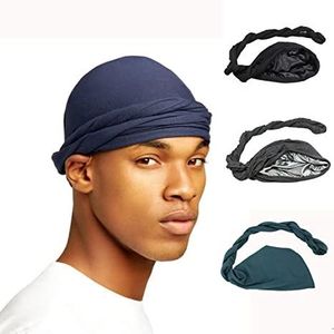 BeanieSkull Caps Halo Turban Durag for Men Satin Silk Lined Elastic Men Turban Head Wrap Head Scarf Dorag Long Straps 230306