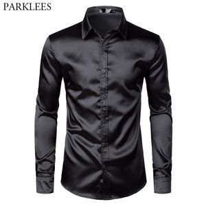 Camisas casuais masculinas Camisas de luxo preto de cetim preto Men thuxed camisa slim fit wedding festa baile casual camisa quimise homme 230303