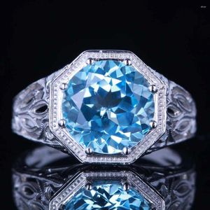 Cluster Rings HELON Real 14K 10k White Gold Flawless 10mm Round Genuine Blue Topaz Gemstone Engagement Wedding Ring Women Vintage Fine