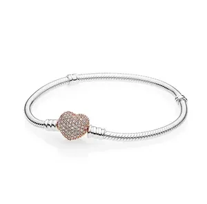Amerykańska 18K różowe złoto diament Pave serce bransoletka z zapięciem 925 Sterling Silver kobiety prezent ślubny Charm bransoletka zestaw