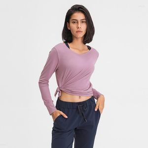 Active Shirts Naked Feel Fitness Sport Long Sleeve T Women Quick Dry Side Tie Up Yoga Athletic Workout Sportwear