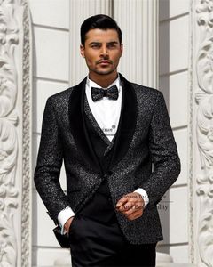 Men's Suits Shiny Sequins Black Men For Wedding Peaked Lapel Groom Tuxedos 3 Pieces Set Fashion Male Prom Blazer Vest Pants Outfit