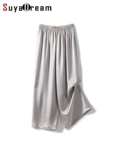 Women's Pants Capris SuyaDeam 100%Pure Silk Solid Women Elastic Waist Wide Leg Pants Spring Summer Ankle-Length Solid Chic Trousers Cozy Bottom 230306