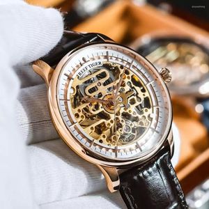 Armbanduhr Riff Tiger/RT -Skelett Automatik Uhr Roségold Braune Lederband Handgelenk Ultra dünn einzigartige Mechanik