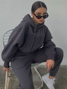 Women's Two Piece Pants Winter Autumn Oversized Suit Hoodies Suit Solid Casual Tracksuit Women Fleece 2Pieces Set Sports Sweatshirts Pullover Sweatpants 230303