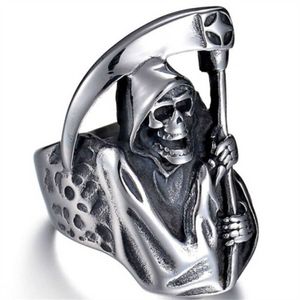 Küme Yüzükleri Vintage Gotik Punk Grim Reaper Kafatası Yüzüğü Paslanmaz Çelik Reaper's Scythe Ring Takı Erkekler L230306