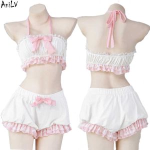 Anime Costumes AniLV Japanese Anime Kawaii Girl Maid Unifrom Swimsuit Outfits Women PInk Cute Bow Bloomers Pajamas Comes Cosplay Z0301