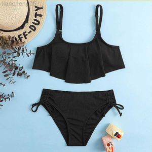 One-Pieces Solid Black Flounce Girl Swimsuit Kids Two Piece Children's Swimwear Tie Side Bikini Set 7-14 Years Girls Bathing Suit Beachwear W0310